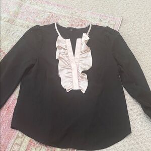 J. Crew Black Blouse with Pale Pink Ruffle Placket